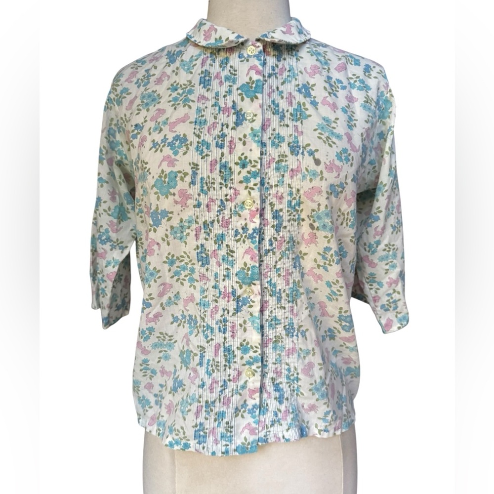1950s/60s Floral Peter Pan Collar Pleated Front Cotton‎ Blend Button Down Top